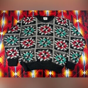 Vintage Hellet San Francisco Hand Knit Alpaca Wool Sweater Med Pinwheel Abstract